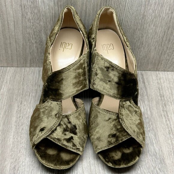 CAbi Sandals Womens 7 Interlock Block Heel Crushed Velvet Open Toe Moss Green - Picture 5 of 13